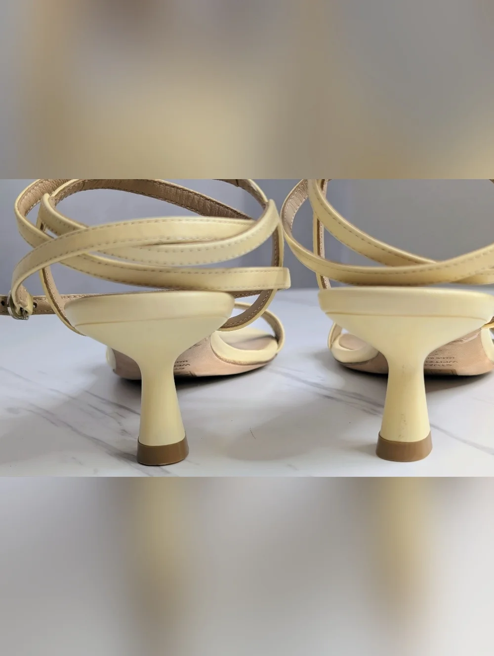 Stuart Weitzman Nudist Wrap Sandal Heels 8 Lemon Chiffon Strappy Kitten Heel - Picture 4 of 11